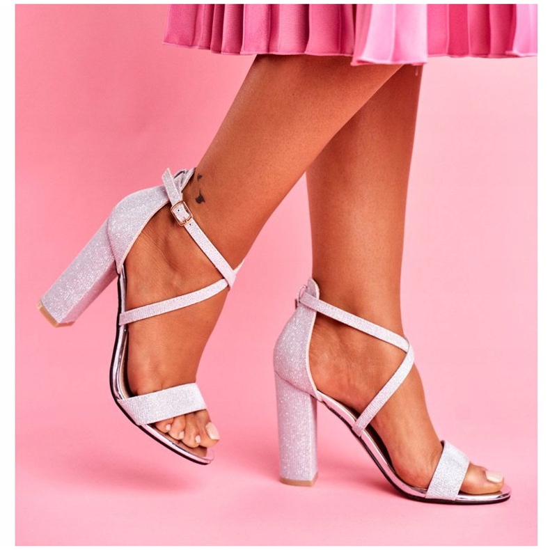 PS1 Sandálias de salto feminino com brocado prata Vivi cinza 2