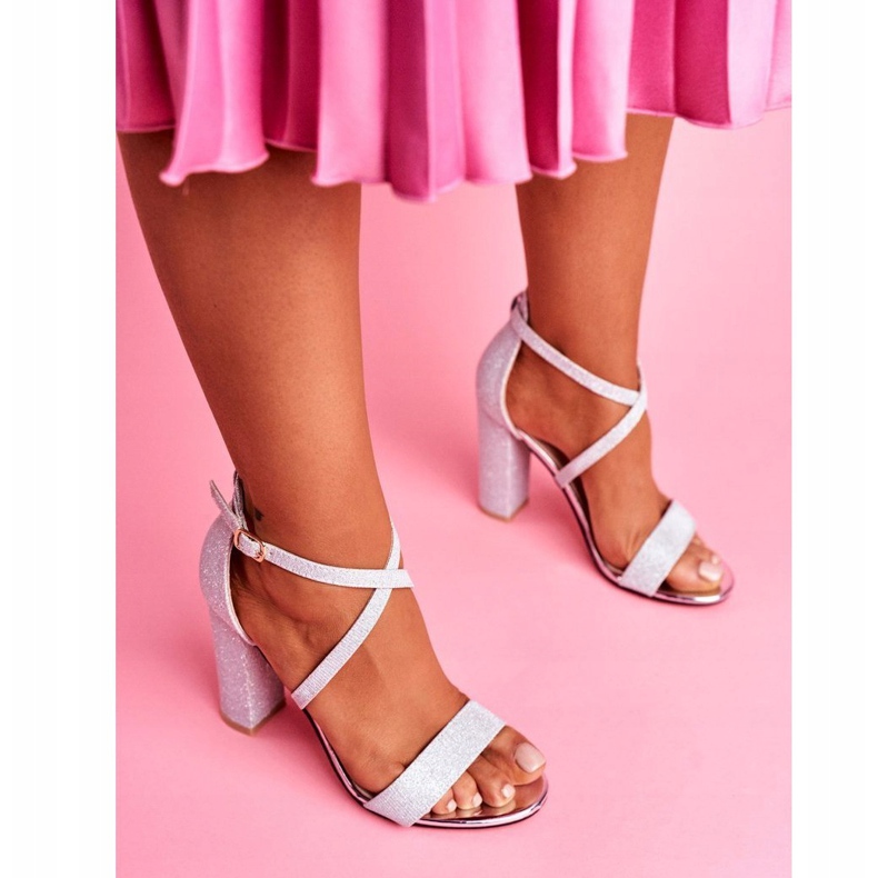 PS1 Sandálias de salto feminino com brocado prata Vivi cinza 1
