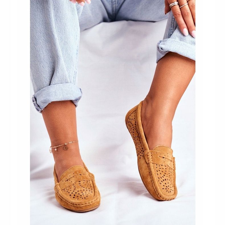 S.Barski Mocassins femininos com aberturas de couro Camel Salem castanho 1