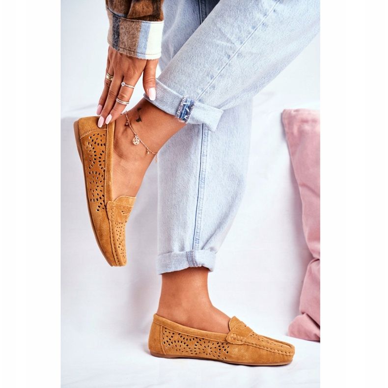 S.Barski Mocassins femininos com aberturas de couro Camel Salem castanho 2 S.Barski Mocassins femininos com aberturas de couro Camel Salem castanho 2