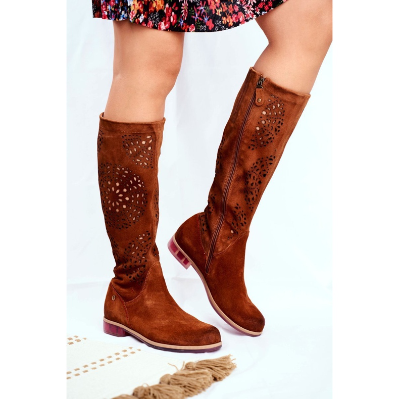 Botas altas femininas Maciejka Couro Openwork Camel 04525-29 marrom 1