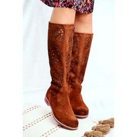 Botas altas femininas Maciejka Couro Openwork Camel 04525-29 castanho 2