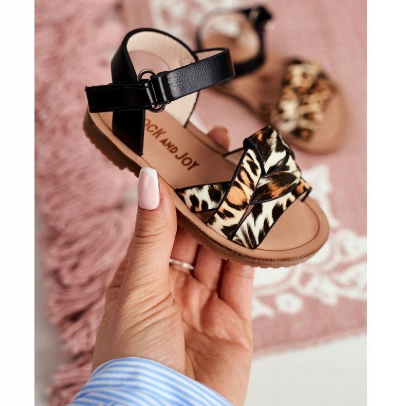 FRROCK Sandálias infantis com velcro para meninas Leopard Mimi preto 1