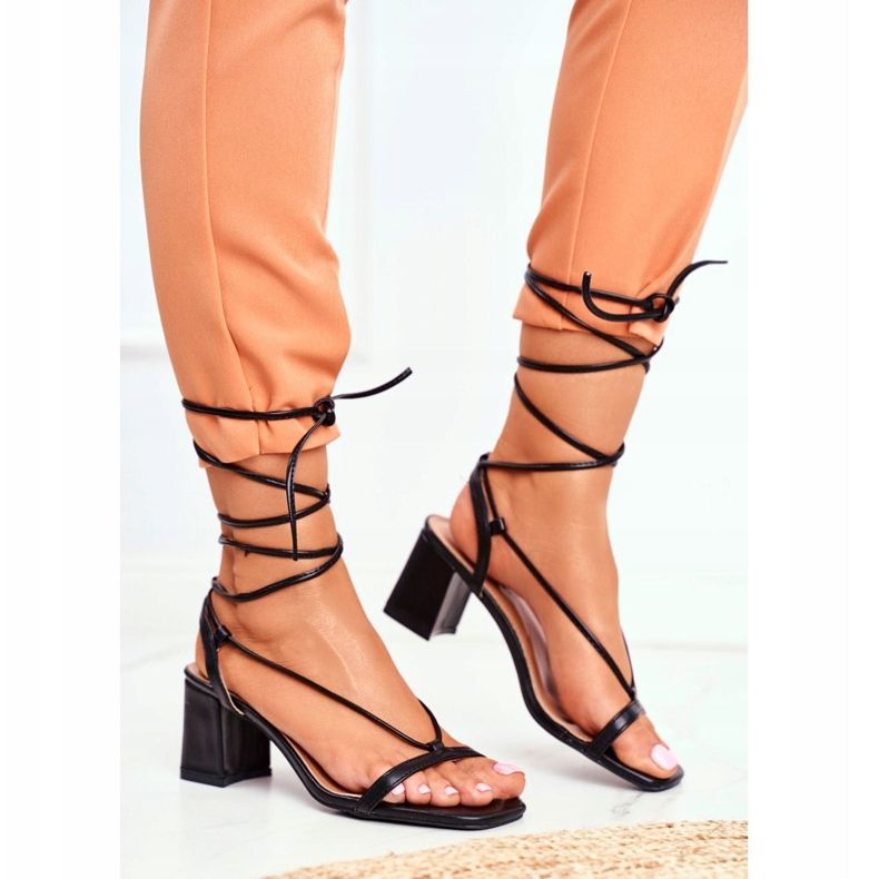 HAN Sandálias femininas de salto alto amarradas na manhã negra preto 2