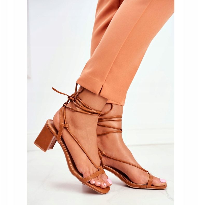 FS1 Sandálias femininas no calcanhar amarrado com camelo pela manhã marrom 2