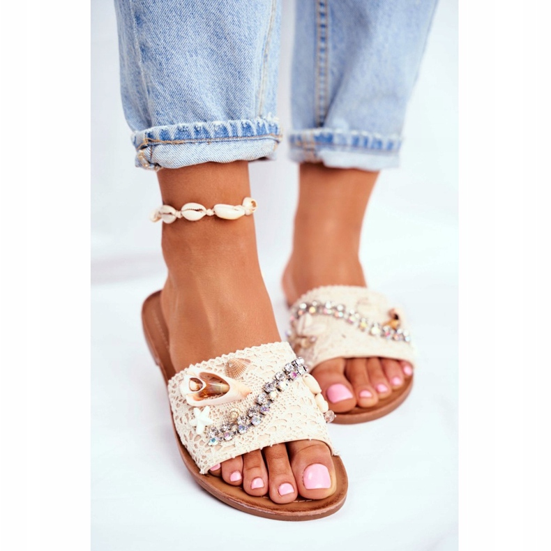 HAN Chinelos femininos bege com concha Espanha 2 HAN Chinelos femininos bege com concha Espanha 2