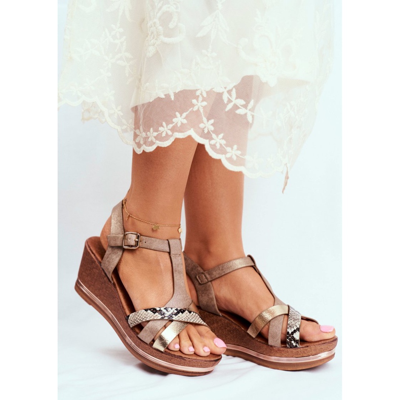 EVE Sandálias femininas em cunha bege pele de cobra inscrição 2