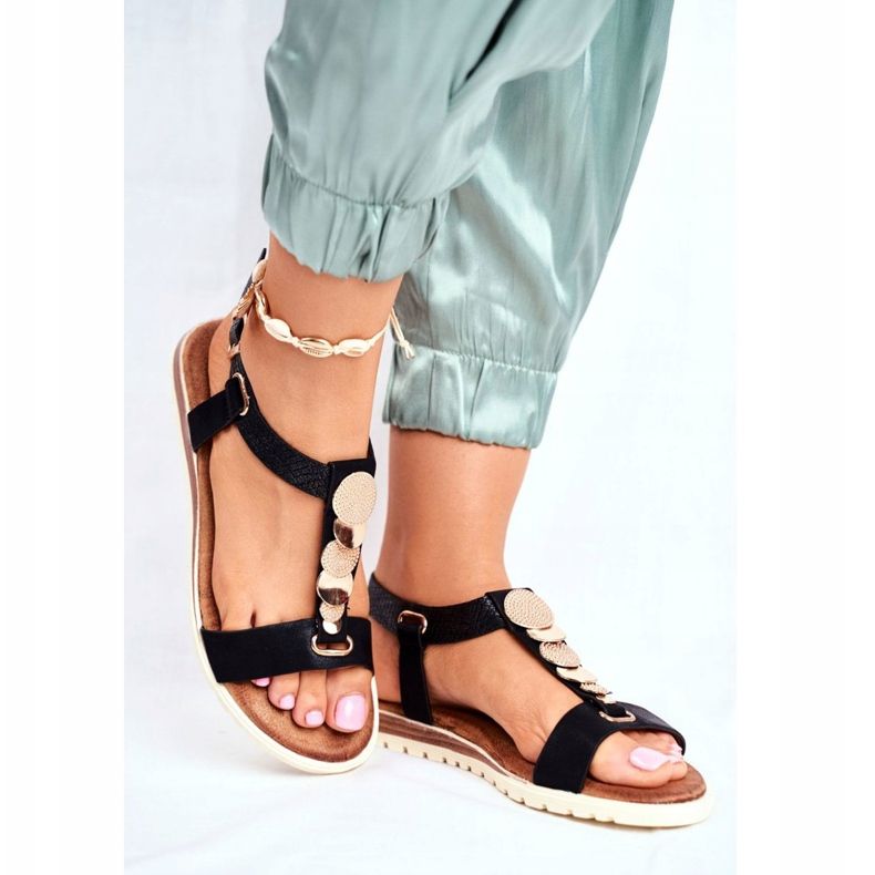 EVE Sandálias planas pretas femininas com enfeites Milton preto 2