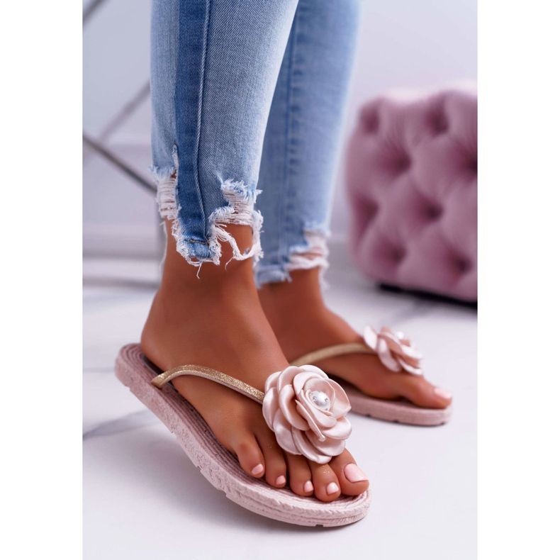 Chinelos femininos flip-flops Beige Flower Glitter Elenda bege 1
