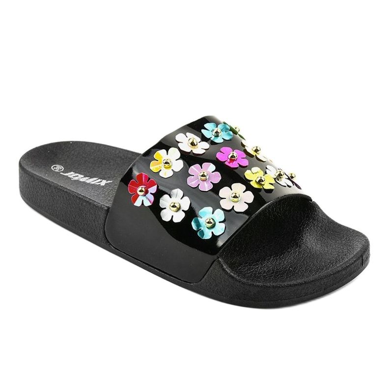 Chinelos pretos com flores D7659-1 1