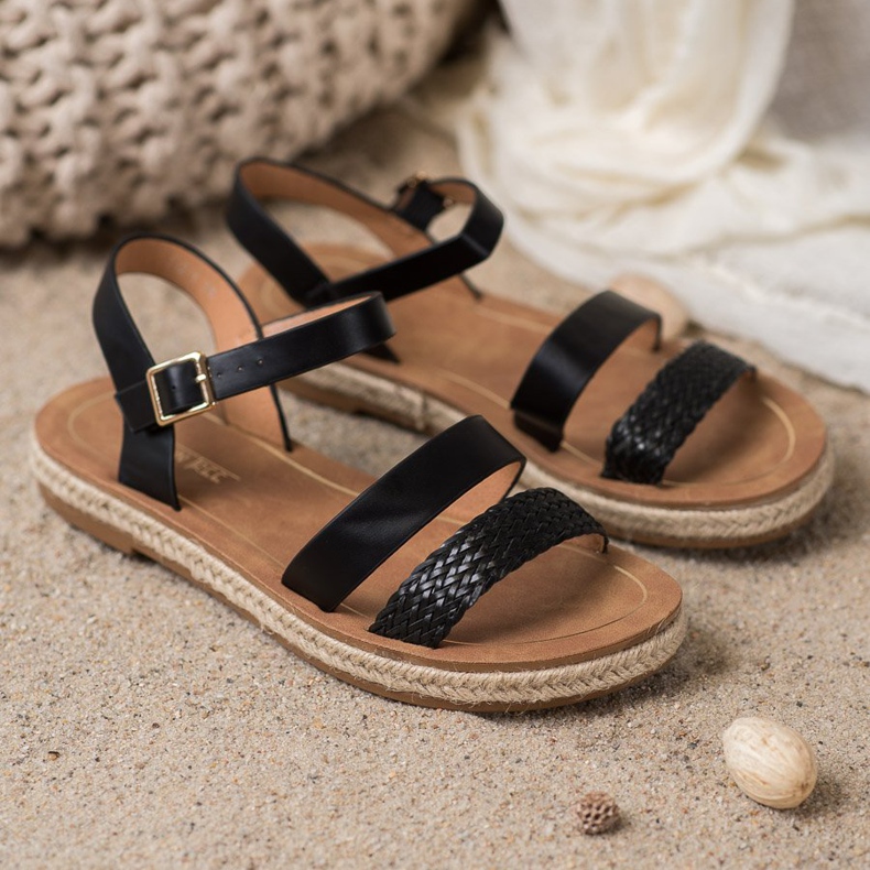 SHELOVET Sandálias de couro ecológico trançado preto 2