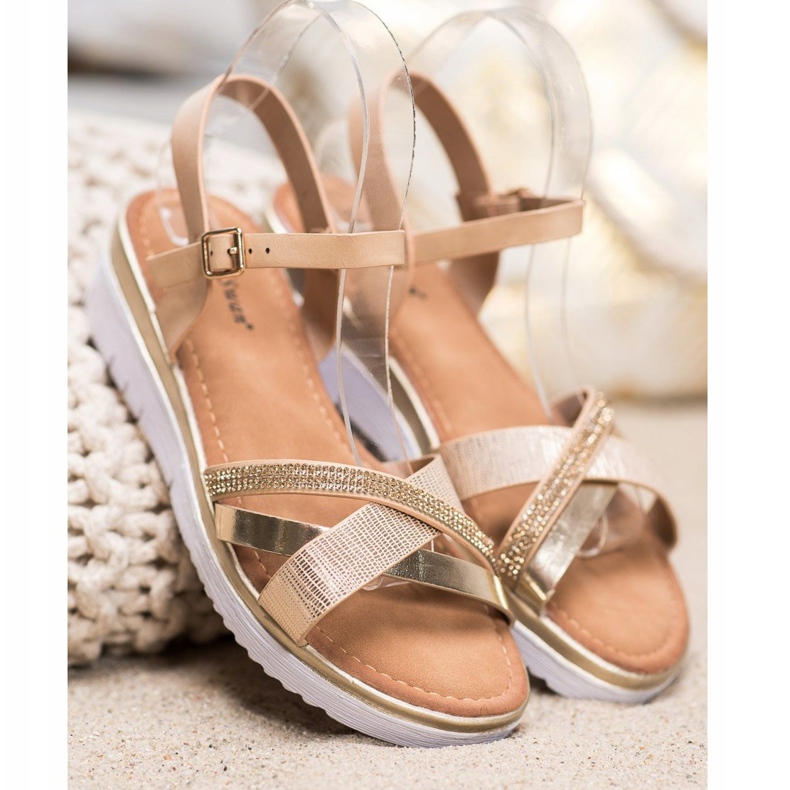 Small Swan Sandálias confortáveis com zircônia cúbica dourado 1 Small Swan Sandálias confortáveis com zircônia cúbica dourado 1