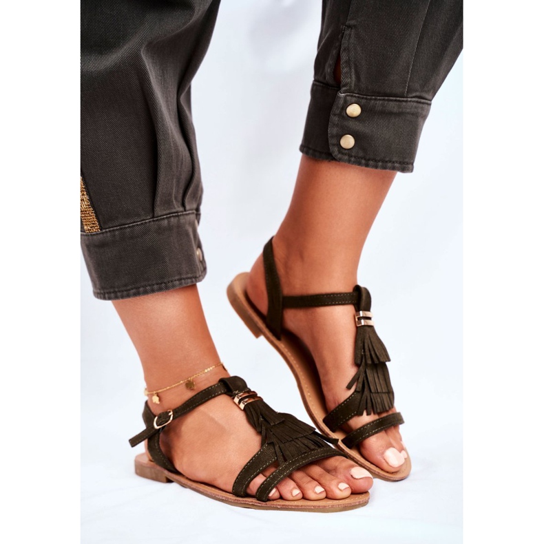 FJ1 Sandálias femininas camurça lisa Boho Olive Lucami multicolorido verde 1