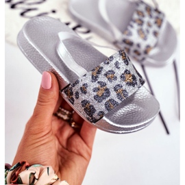 FRROCK Chinelos infantis para meninas de brocado leopardo prateado Rimia cinza 2