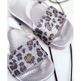FRROCK Chinelos infantis para meninas de brocado leopardo prateado Rimia cinza 1