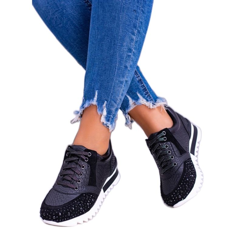 Sapatos esportivos femininos negros com lantejoulas Lu Boo Infinitiale preto 1