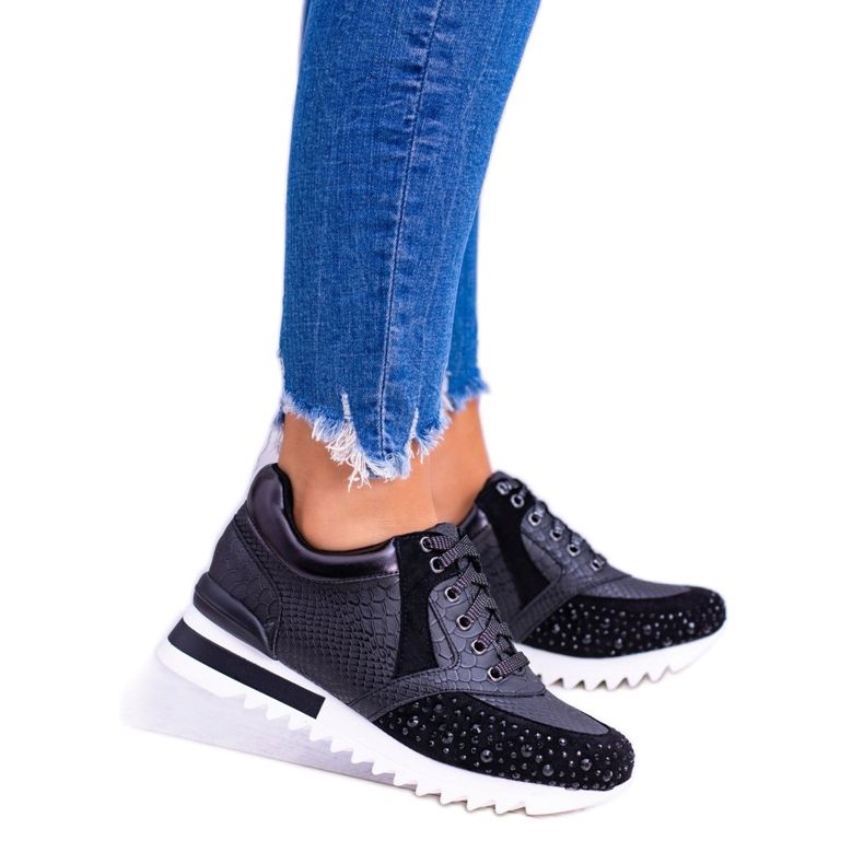 Sapatos esportivos femininos negros com lantejoulas Lu Boo Infinitiale preto 2