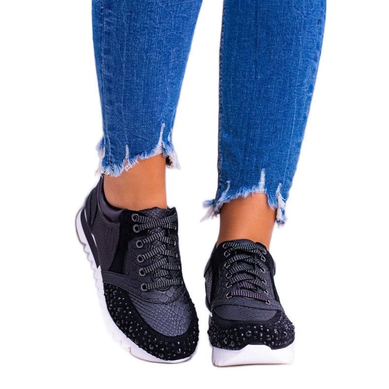 Sapatos esportivos femininos negros com lantejoulas Lu Boo Infinitiale preto 3