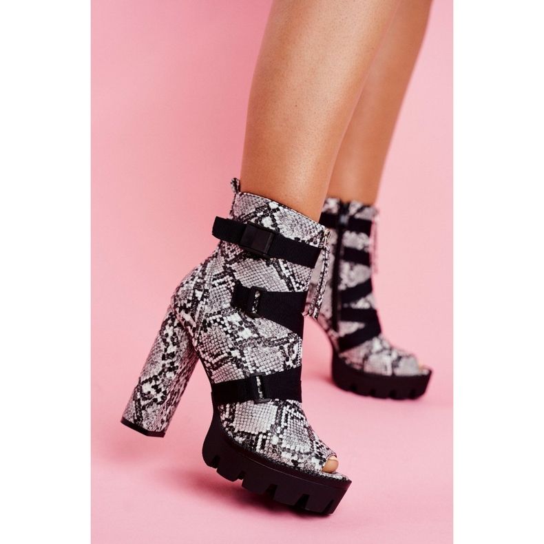 PS1 Botas femininas tornozelo open toe pele de cobra gládios preto cinza 1