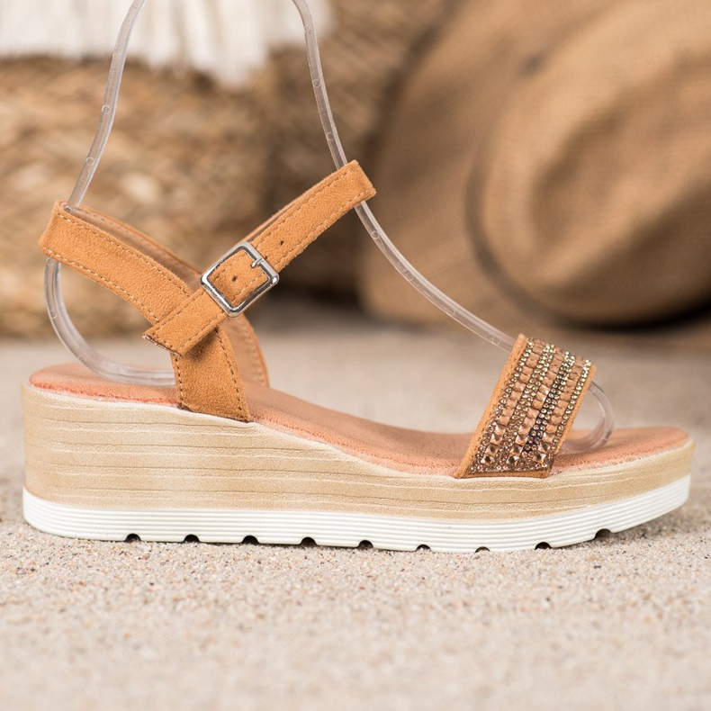 Renda Sandálias de cunha com cristais marrom 1