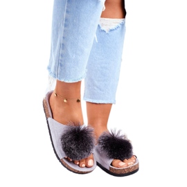 MSMG Chinelos femininos cinza com rolhas com pompom galaxo 1