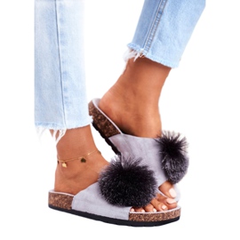 MSMG Chinelos femininos cinza com rolhas com pompom galaxo 2