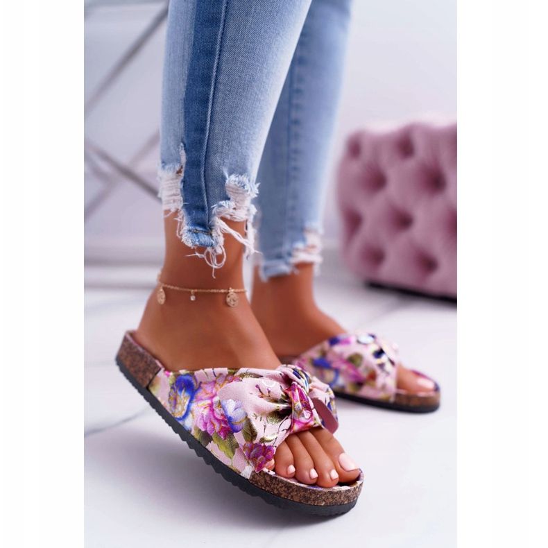 PS1 Chinelos femininos rosa com flores de cortiça Wendy's Bow multicolorido 1