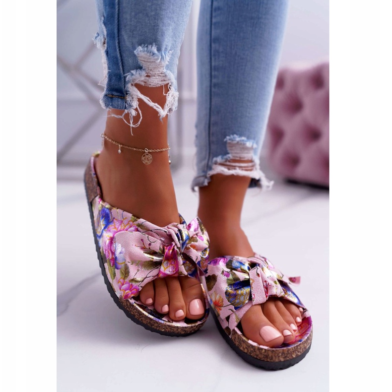PS1 Chinelos femininos rosa com flores de cortiça Wendy's Bow multicolorido 2
