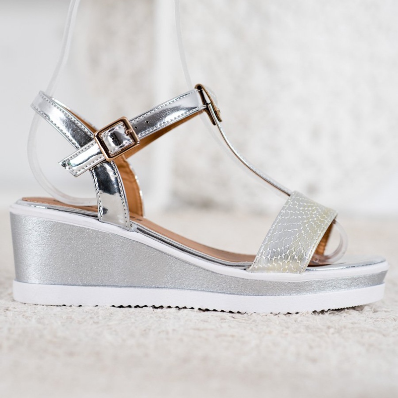 SHELOVET Cunhas de prata com couro ecológico cinza 2