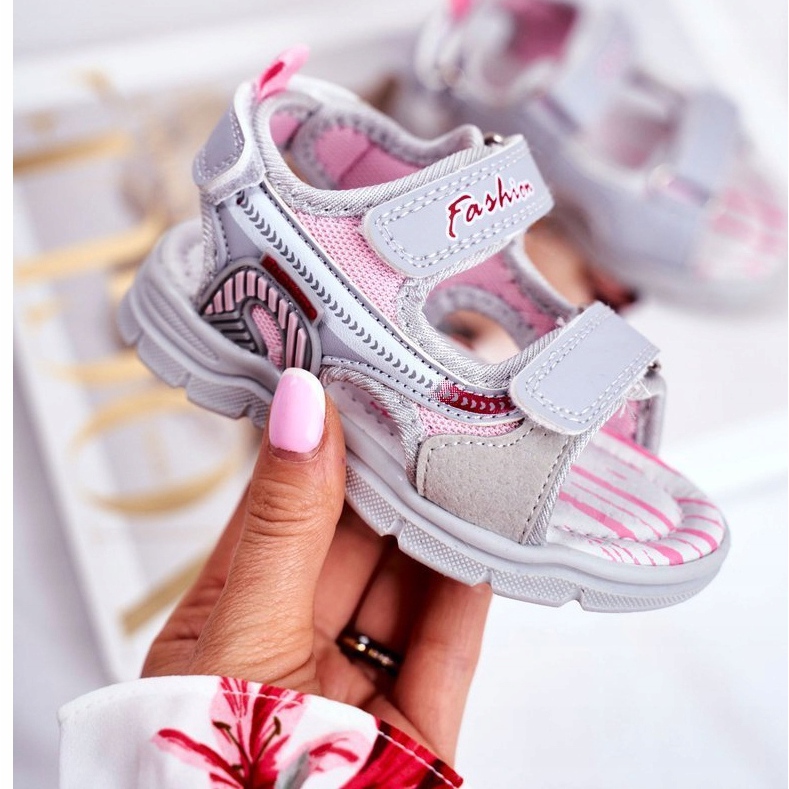 PL1 Sandálias infantis com velcro cinza Grobino rosa 1