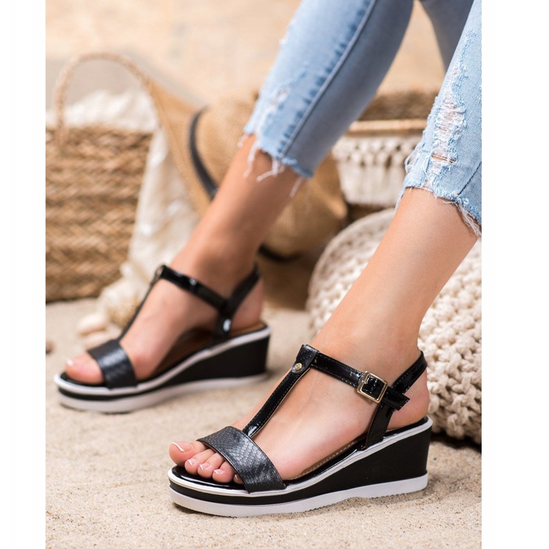 SHELOVET Cunhas pretas com couro ecológico preto 2