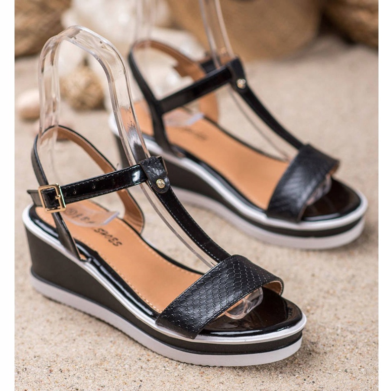 SHELOVET Cunhas pretas com couro ecológico preto 1