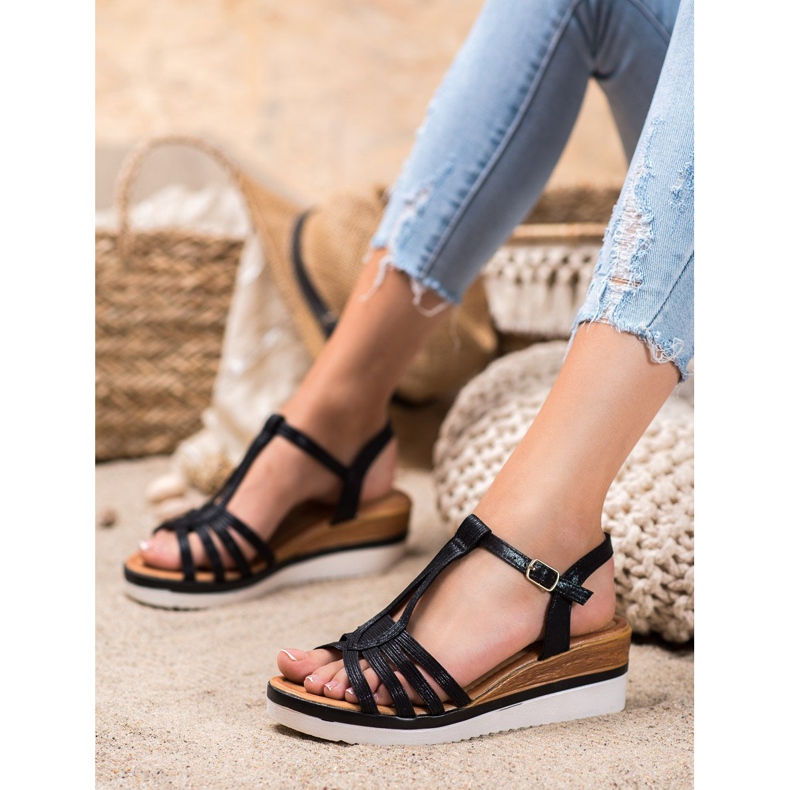 Mannika Sandálias de cunha confortáveis preto 2