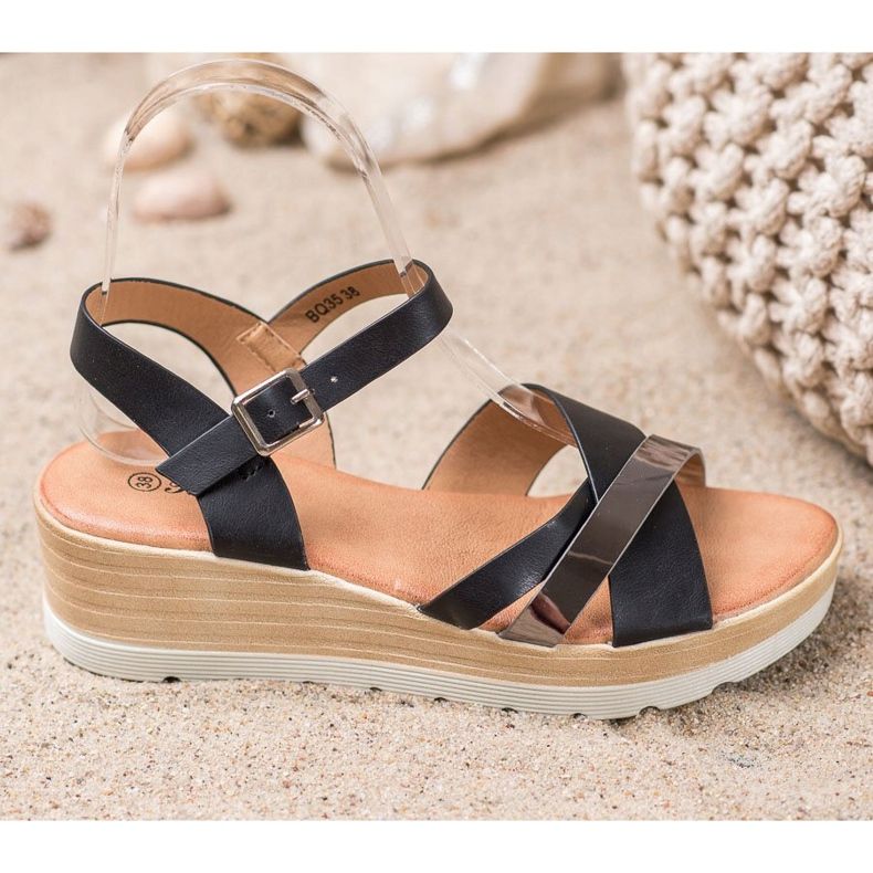 Renda Sandálias de cunha preto 1