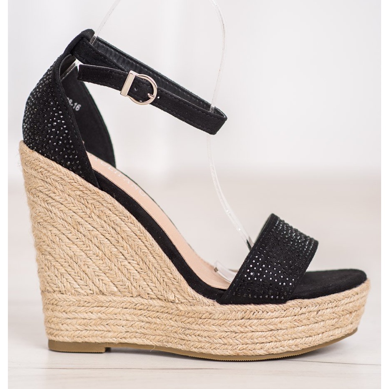 SHELOVET Sandálias de cunha com cristais preto 2