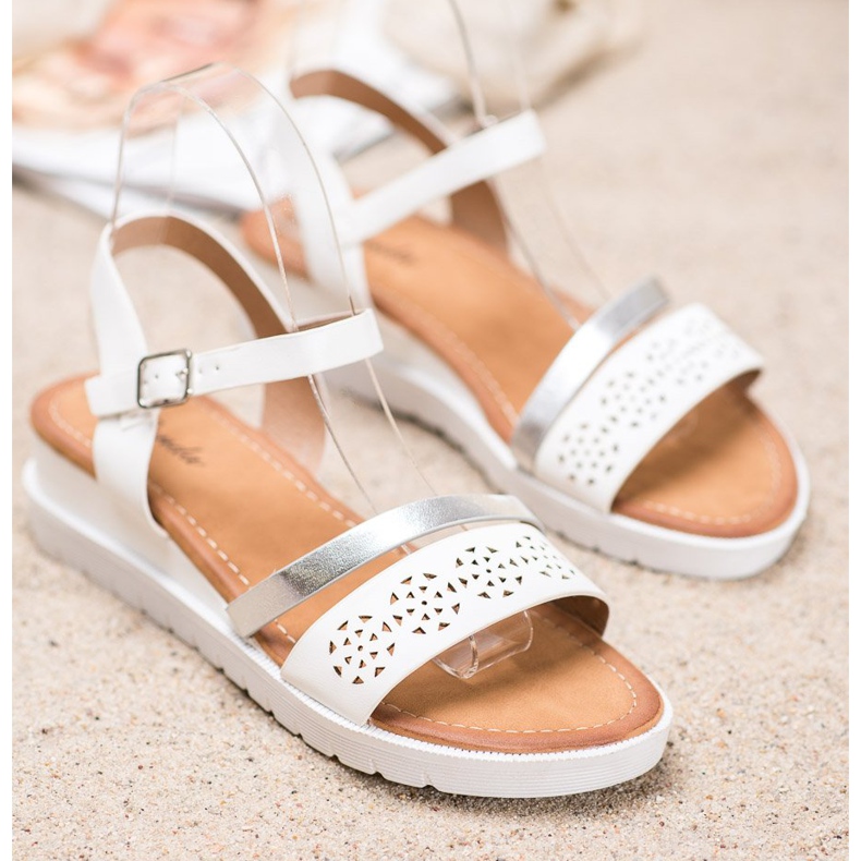 Renda Sandálias de cunha com couro ecológico branco 1