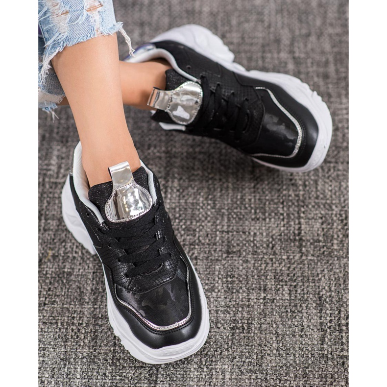 SHELOVET Tênis de couro ecológico preto cinza 1