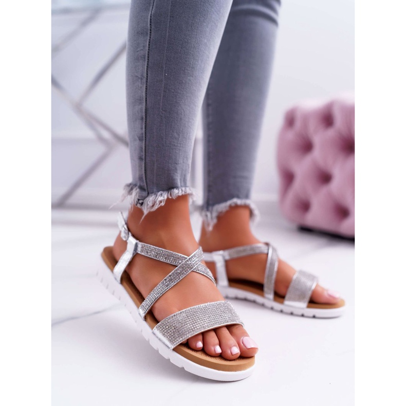 Sandálias Lu Boo Femininas com Zircônia Cúbica 406-5 Silver Stella cinza 1