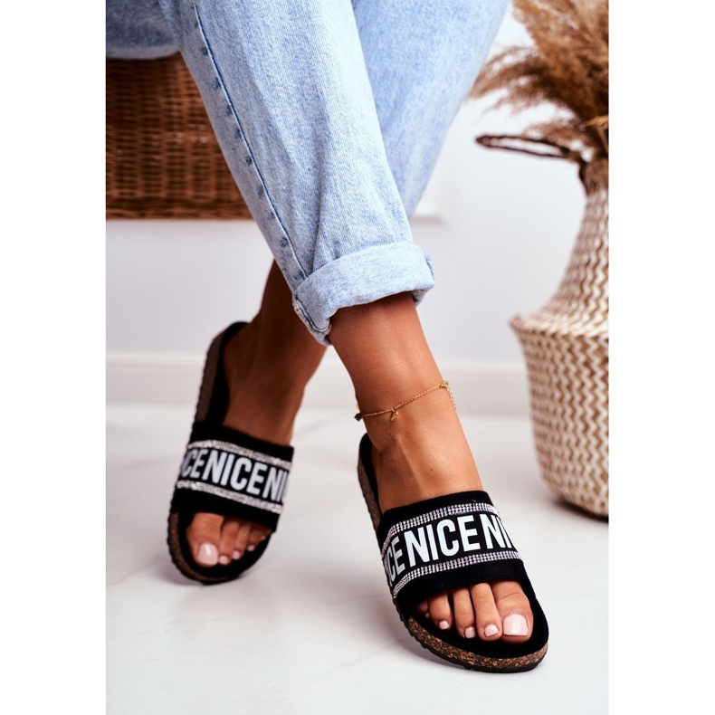 EVE Chinelos femininos pretos em cortiça com strass BeNice 1