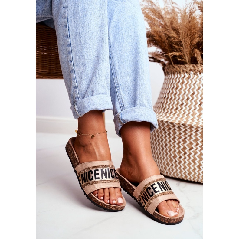 EVento Chinelos BeNice Beige Feminino em Cortiça Com Strass bege 2