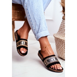 EVE Chinelos femininos pretos com strass ouro cortiça BeNice amarelo 2