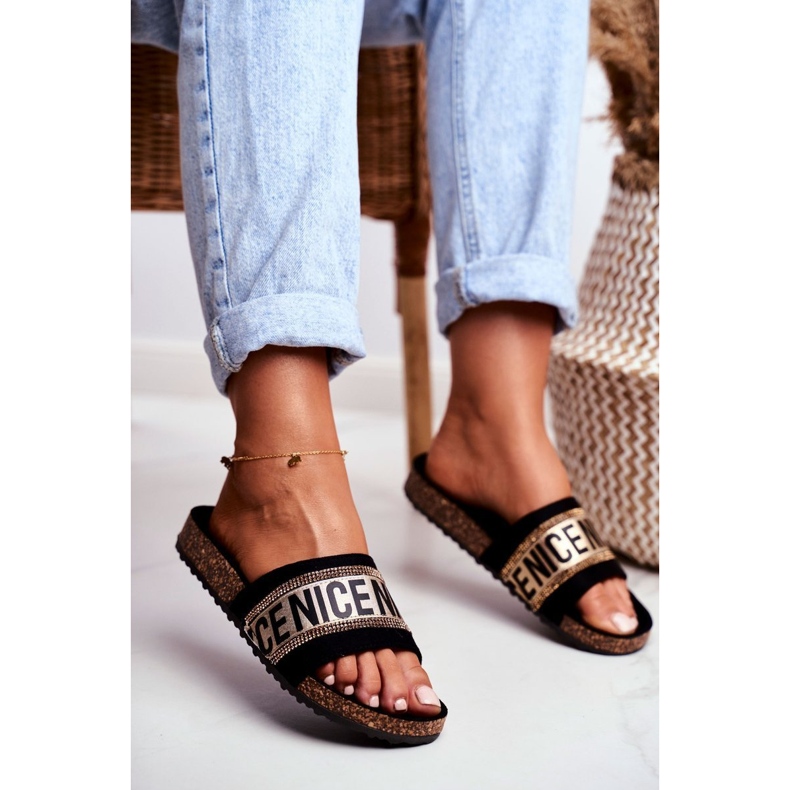 EVE Chinelos femininos pretos com strass ouro cortiça BeNice amarelo 1