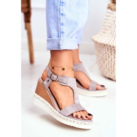 BUGO Sandálias femininas em cunha cinza rosa 2