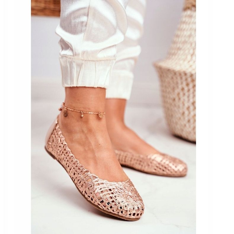 Lu Boo feminino bailarinas rosa ouro a céu aberto trançado transporte 1