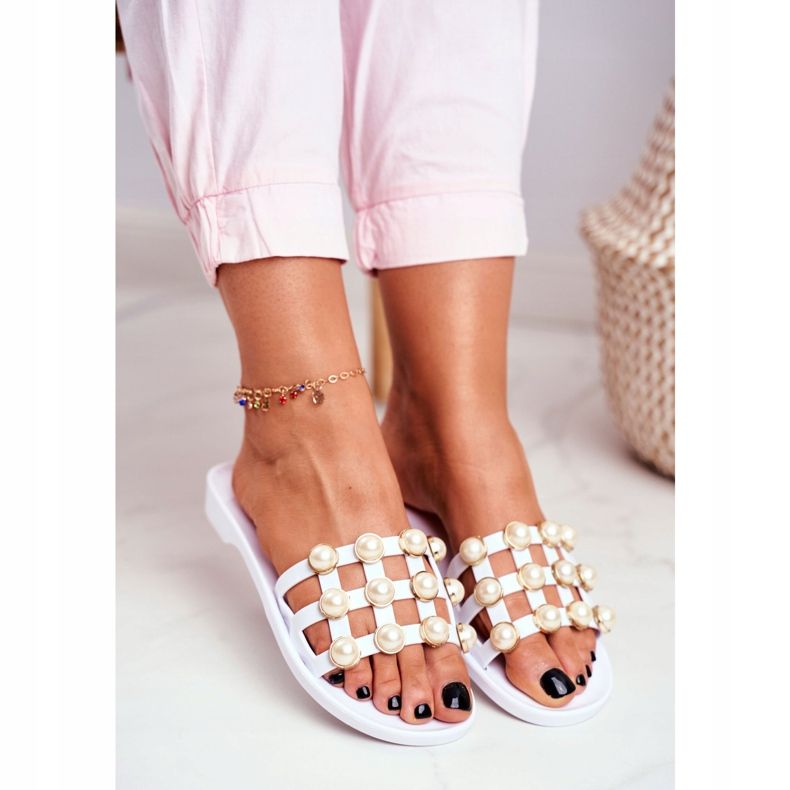 LU BOO Chinelos femininos de borracha com pérolas estelle brancas branco 2