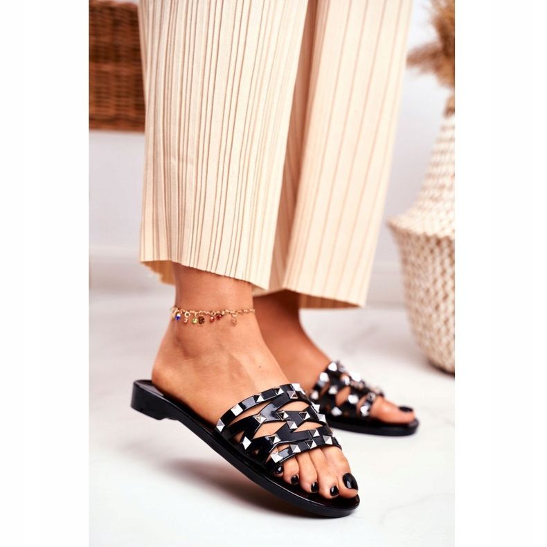 LU BOO Chinelos femininos pretos com tachas de borracha 1