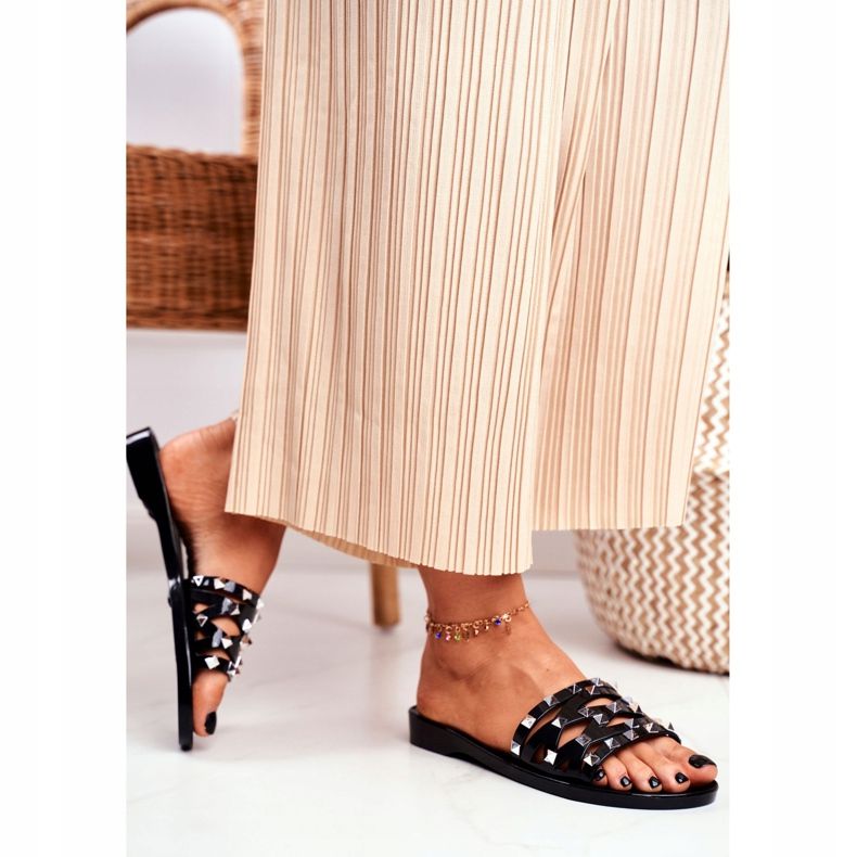 LU BOO Chinelos femininos pretos com tachas de borracha 2