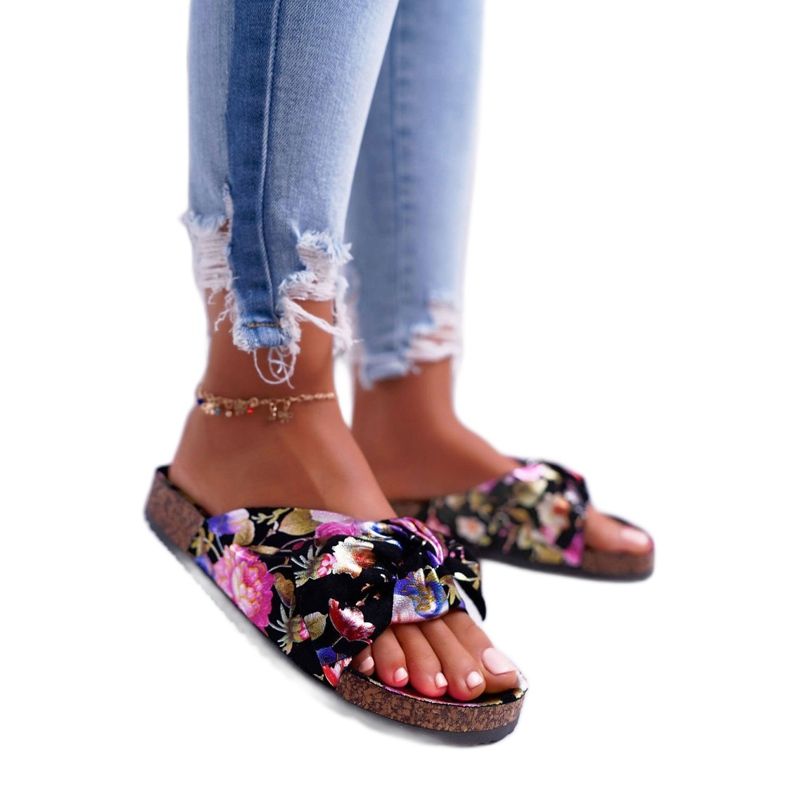 SEA Chinelos femininos pretos com flores de cortiça Wendy's Bow tolet rosa dourado 1