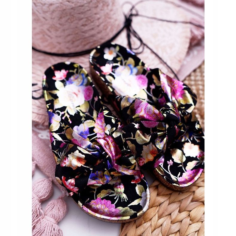 SEA Chinelos femininos pretos com flores de cortiça Wendy's Bow tolet rosa dourado 3