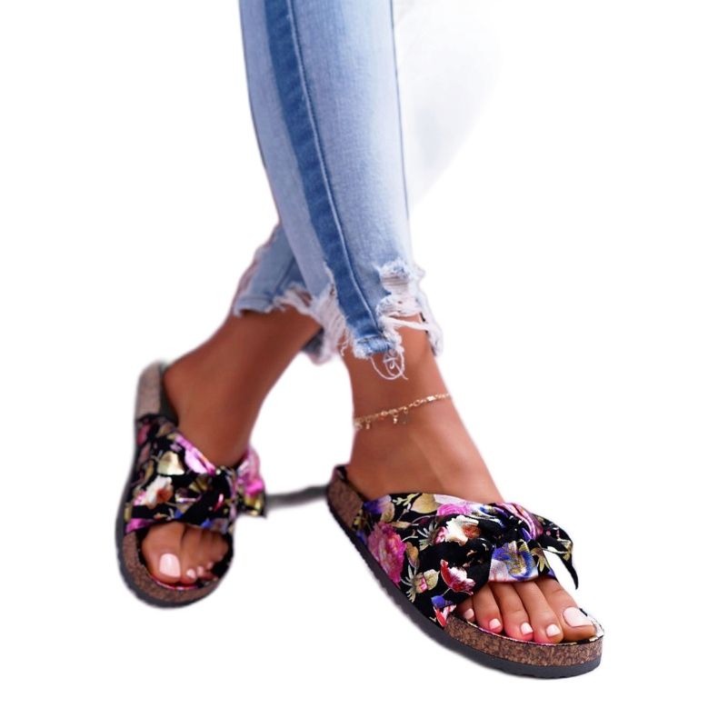 SEA Chinelos femininos pretos com flores de cortiça Wendy's Bow tolet rosa dourado 2